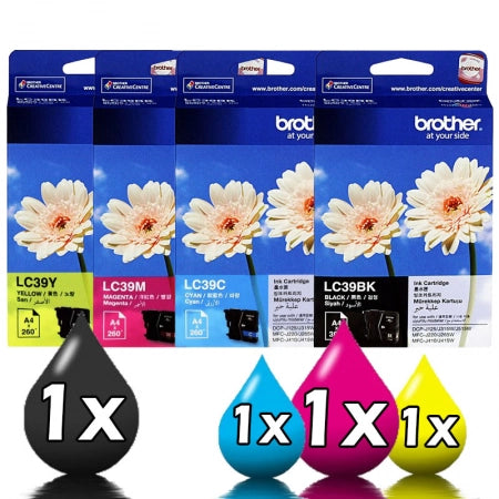Genuine 4 Pack Brother LC39 Ink Cartridges [1BK, 1C, 1M, 1Y]