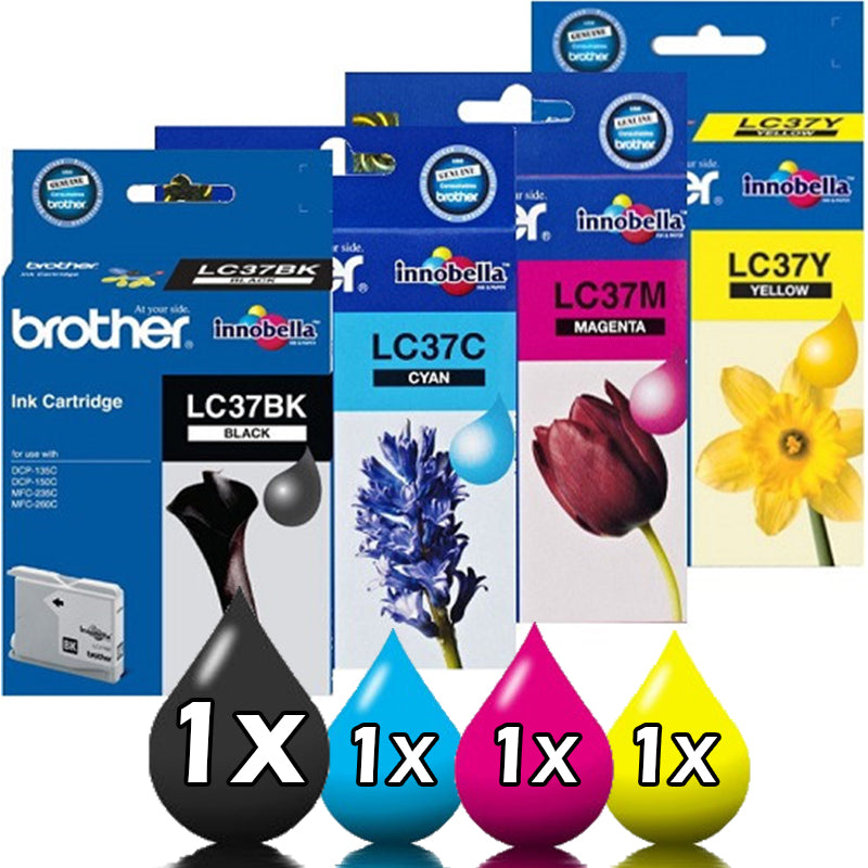 Genuine 4 Pack Brother LC37BK LC37C LC37M LC37Y Ink Cartridges [1BK, 1C, 1M, 1Y]