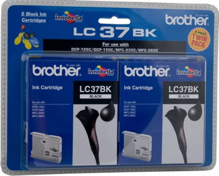 Twin Pack Brother LC37BK Black Genuine Ink Cartridges 350 Print Yield
