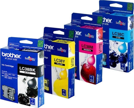 Genuine 4 Pack Brother LC38C LC38M LC38Y LC38BK Ink Cartridges [1BK, 1C, 1M, 1Y]