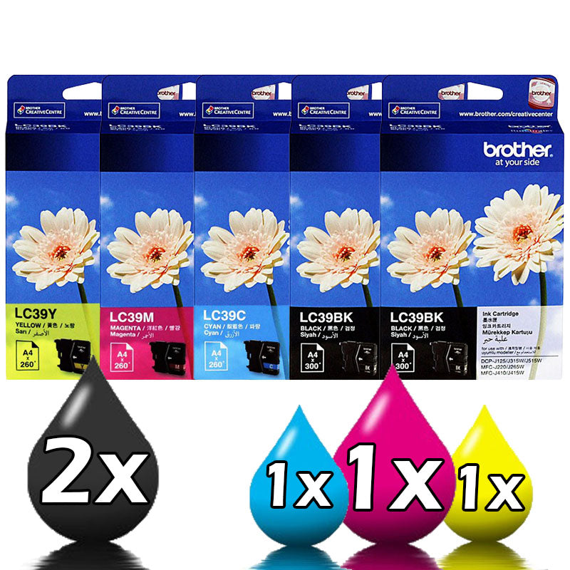 Genuine 5 Pack Brother LC39C LC39M LC39Y LC39BK Ink Cartridges [2BK, 1C, 1M, 1Y]