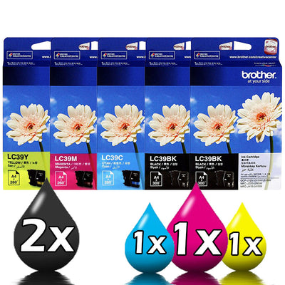Genuine 5 Pack Brother LC39C LC39M LC39Y LC39BK Ink Cartridges [2BK, 1C, 1M, 1Y]