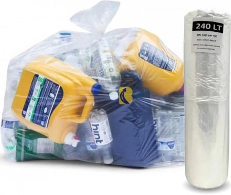 Carton of 100 240L Roll Clear Bin Liners LDPE 32 Micron (Super Stength)