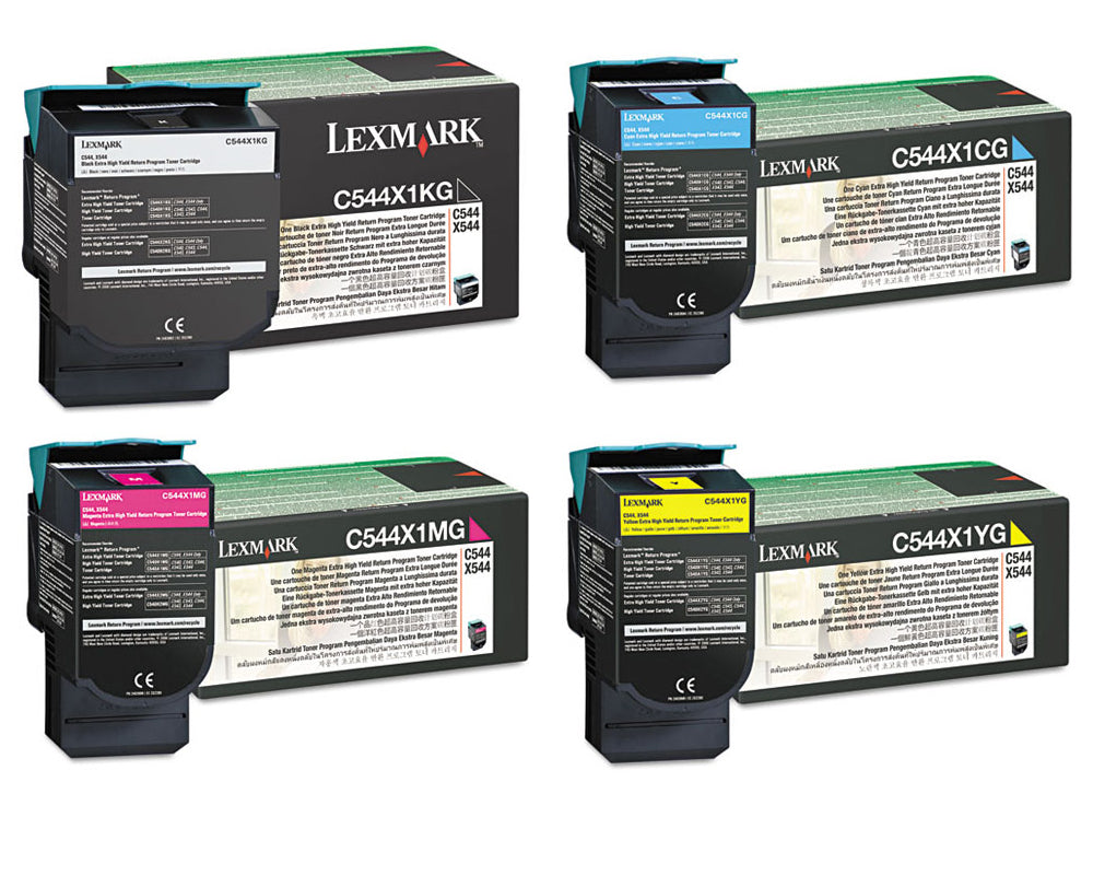 Genuine 4 Pack Lexmark (C544X1KG C544X1CG C544X1MG C544X1YG) Extra High Yield Toner Cartridges [1BK, 1C, 1M, 1Y]