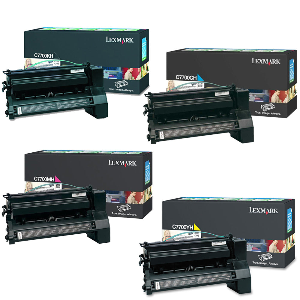 Genuine 4 Pack Lexmark C7700CH C7700MH C7700YH C7700KH Toner Cartridges [1BK, 1C, 1M, 1Y]