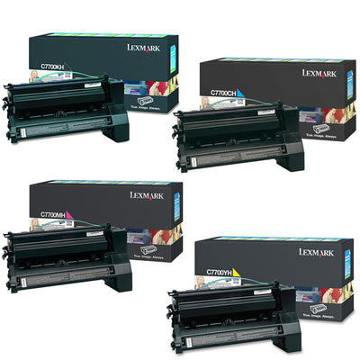 Genuine 4 Pack Lexmark C7700CH C7700MH C7700YH C7700KH Toner Cartridges [1BK, 1C, 1M, 1Y]