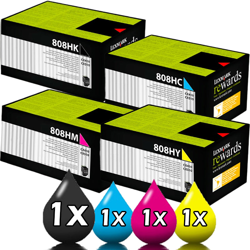 Genuine 4 Pack Lexmark 808H 80C8HKE-80C8HYE High Yield Toner Cartridges Combo [1C, 1Y, 1M, 1BK]