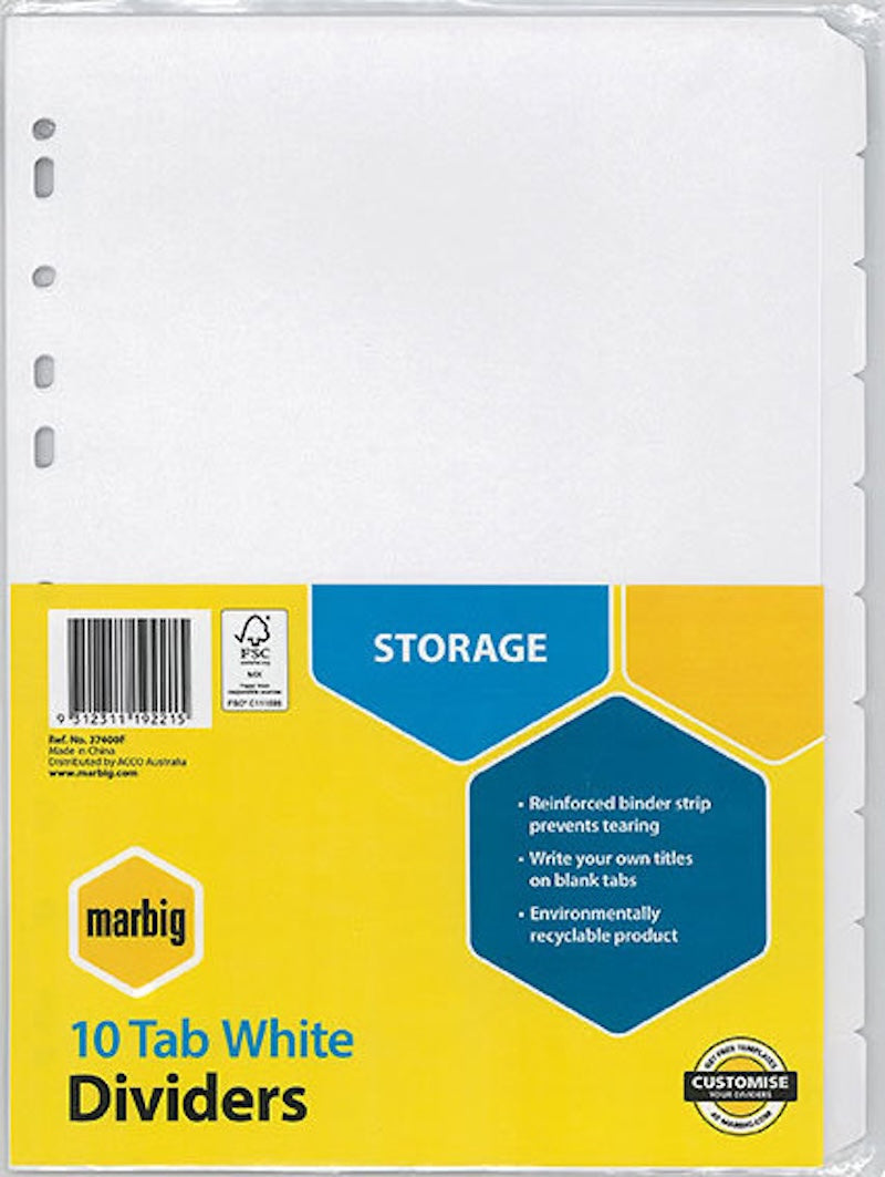 Marbig Dividers A4 Manilla 10 Tab Reinforced Strip White