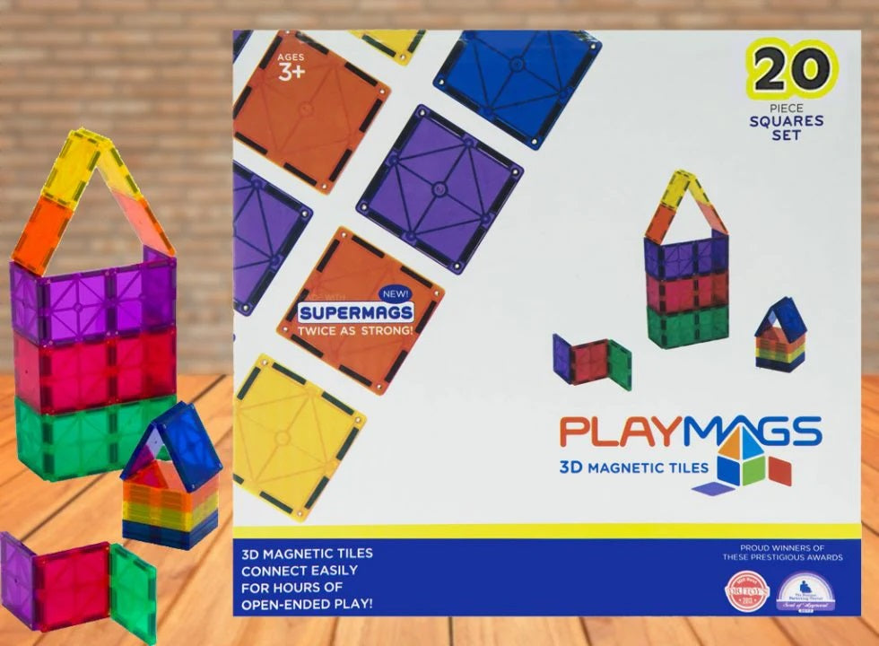 Playmags Squares Pack - 20PCS 3D Clear Color Magnetic Tiles (Supermags)