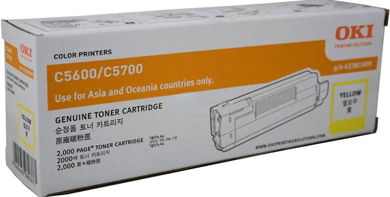 Genuine OKI C5600/C5700 43381909 Yellow Toner Cartridge 2,000 Print