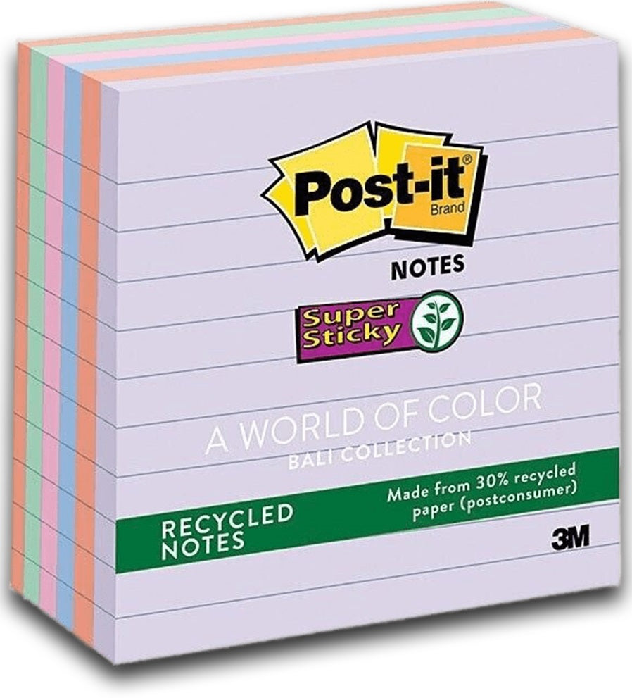 Post-It Lined Super Sticky Notes Bali Recycled 101 x 101mm 6-Pack