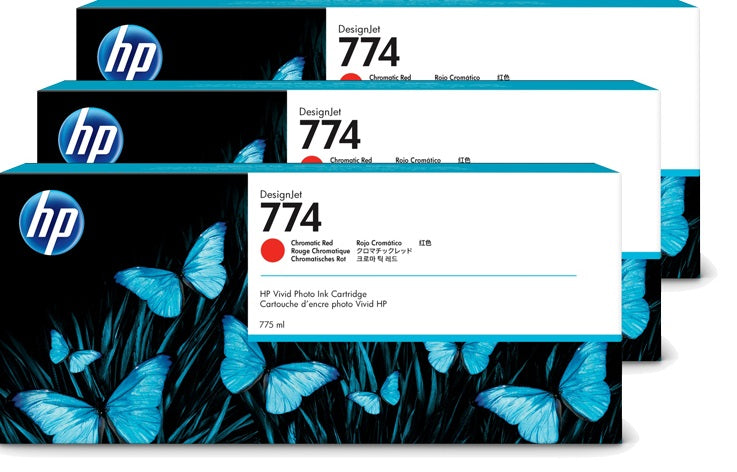 Genuine 3 Pack HP 774 Chromatic Red Ink Cartridge P2W04A