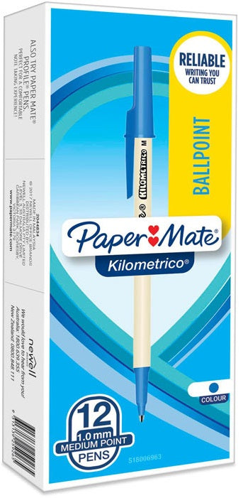 Paper Mate Kilometrico Blue Ballpoint Pens, Medium Point (1.0mm) ~ Box of 12