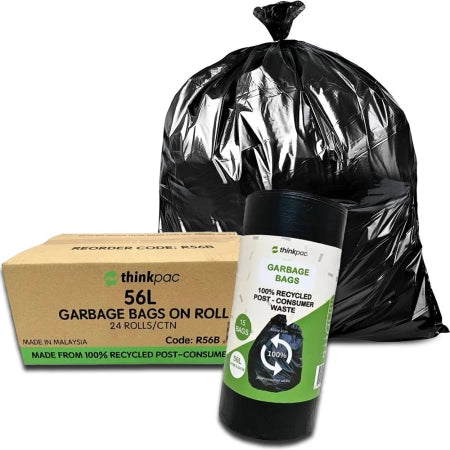 Carton of 24 56L Black Bin Liners On Roll - Retail Pack - 15/Roll (Standard Strength)