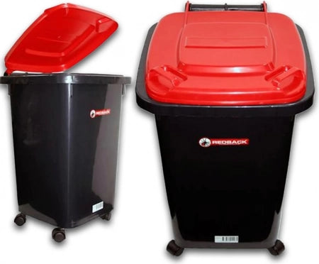 60L Redback Rubbish Bin - Black With Red Lid (64H x 42w x 47L cm) | Made in Australia | Durable Wheelie Bin - Bulky Item