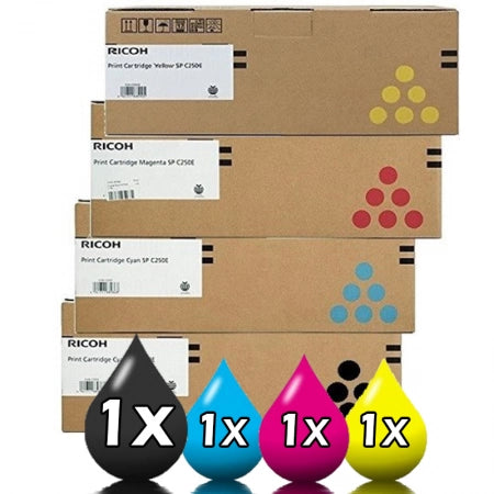 Genuine 4 Pack Ricoh SPC250DN / SPC250SF (407547-407550) Toner Combo [BK, 1C, 1M, 1Y]