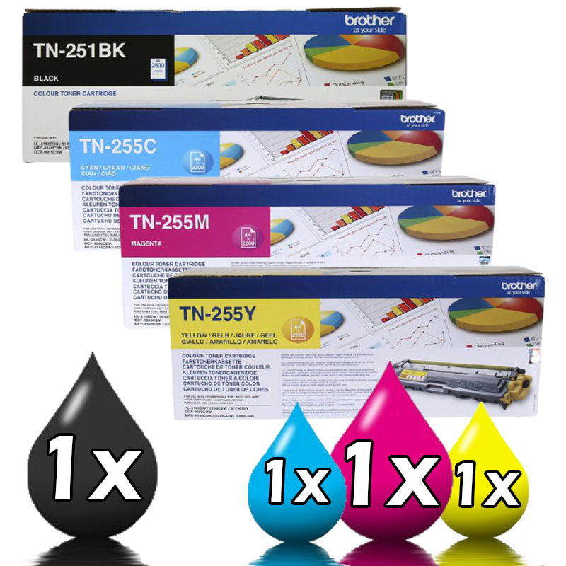 Genuine 4 Pack Brother TN251/TN255 Toners 1BK,1C,1M,1Y