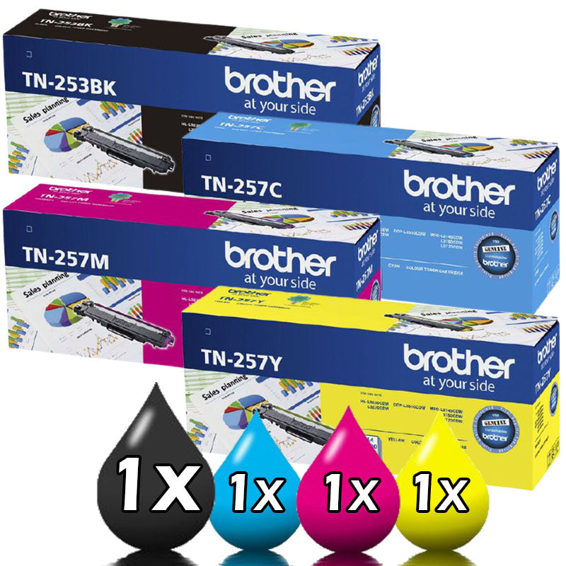 Genuine 4 Pack Brother TN253 TN257 High Capacity Toner Set 1C,1Y,1M,1BK