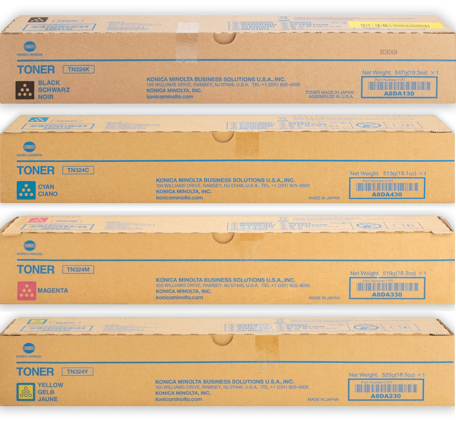 Genuine 4-Pack Konica Minolta TN324 Bizhub C258 C308 C368 1BK,1C,1M,1Y (A8DA190-A8DA490)