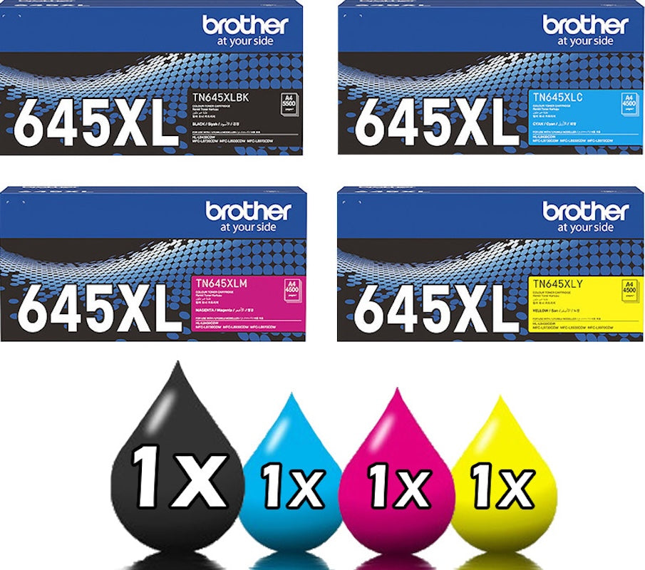 Genuine 4 Pack Brother TN645XL High Capacity Toner Cartridge Value Pack [1BK, 1C, 1M, 1Y]