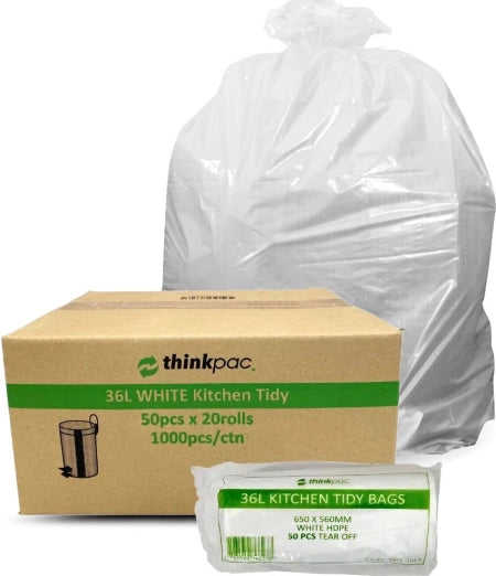 1000pcs 36L White Kitchen Tidy Bags Bin Liners Rubbish Bags 10 Micron Medium Strength 20 Packs/50pcs