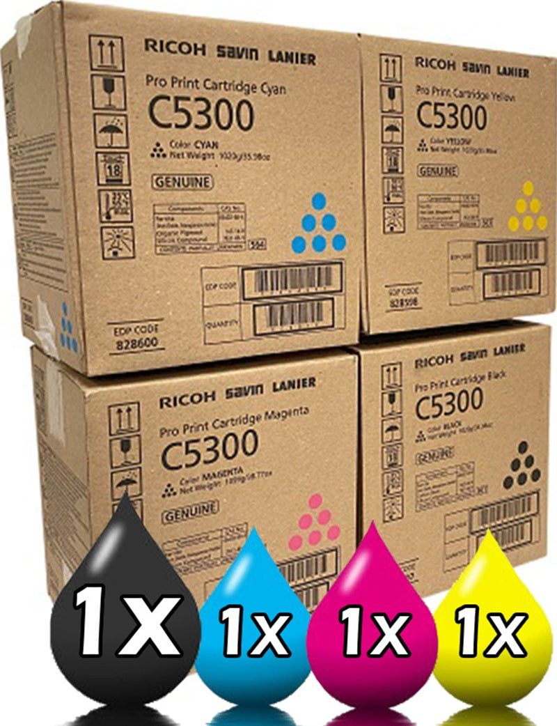 Genuine 4 Pack Ricoh 828597-828600 Toner Cartridge Value Pack [1BK, 1C, 1M, 1Y]
