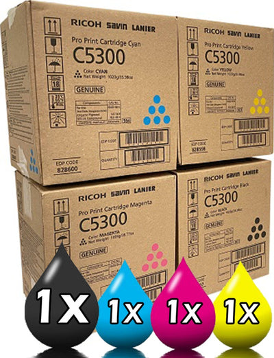 Genuine 4 Pack Ricoh 828597-828600 Toner Cartridge Value Pack [1BK, 1C, 1M, 1Y]