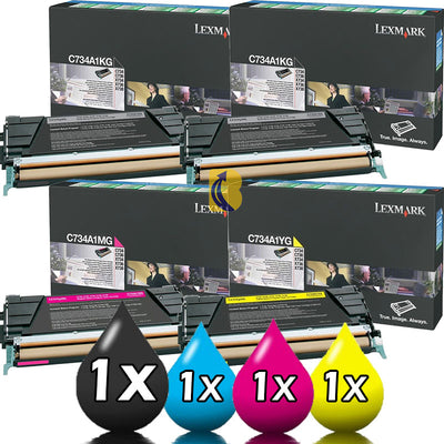 Genuine 4 Pack Lexmark C734A1CG C734A1MG C734A1YG C734A1KG Toner Cartridges [1BK, 1C, 1M, 1Y]