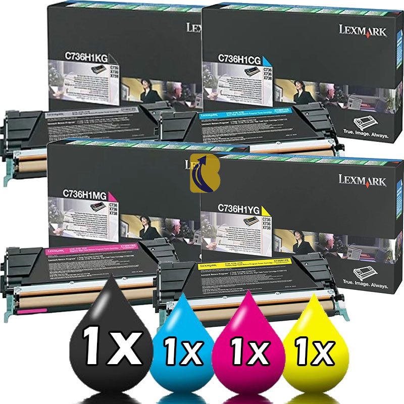 Genuine 4 Pack Lexmark C736H1KG, C736H1CG, C736H1MG, C736H1YG High Yield Toner Cartridge Value Pack