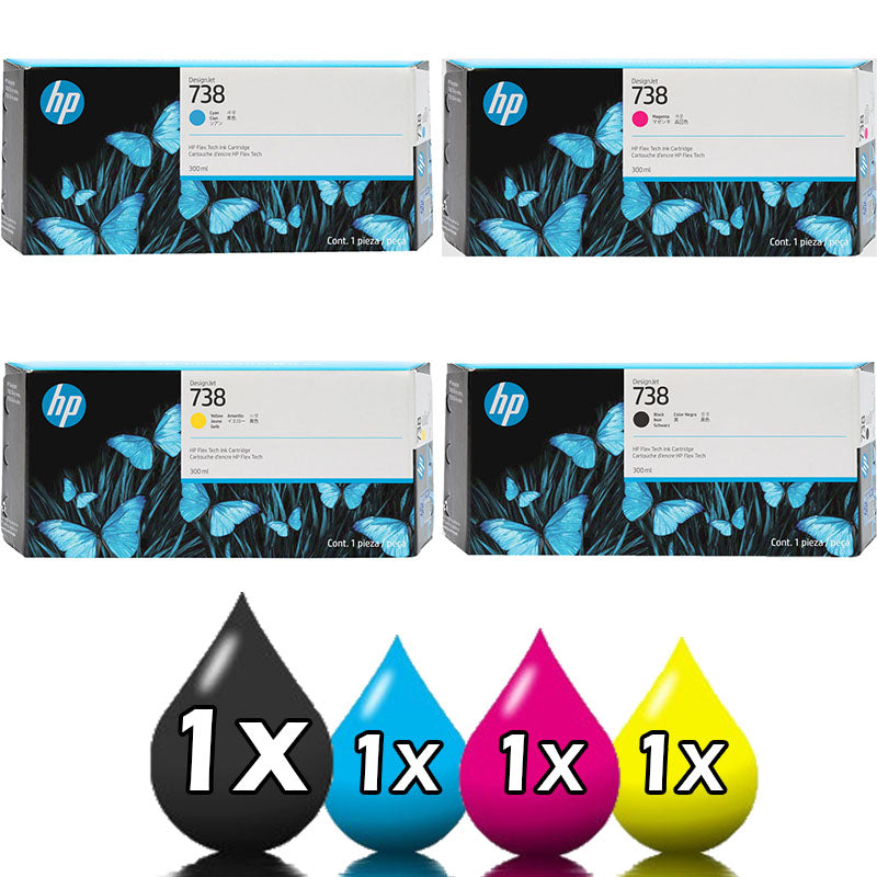 Genuine 4 Pack HP 738 DesignJet Ink Cartridges 300-ml Value Pack [1BK, 1C, 1M, 1Y]