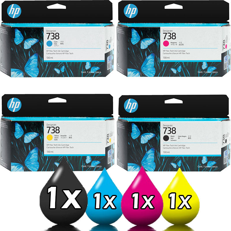 Genuine 4 Pack HP 738 DesignJet Ink Cartridges 130-ml Value Pack [1BK, 1C, 1M, 1Y]
