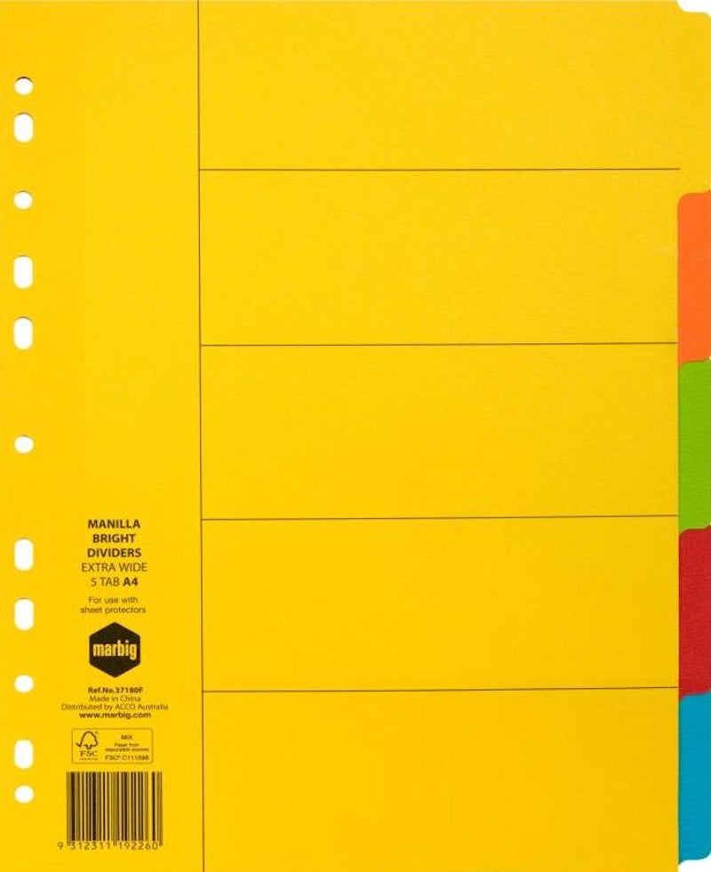 Marbig Extra Wide Divider Manilla 5-Tab A4 Bright Assorted