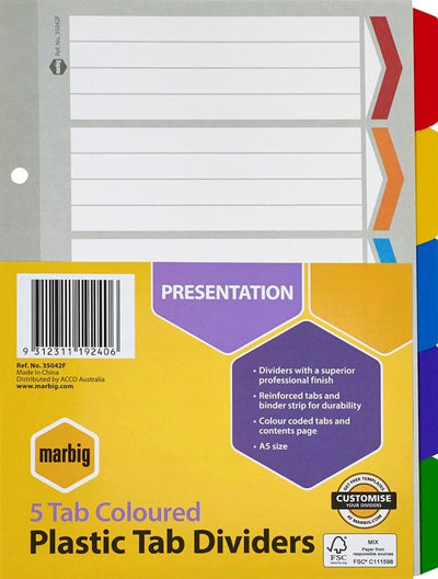 Marbig A5 Reinforced Board 5-Tab Dividers Assorted Color