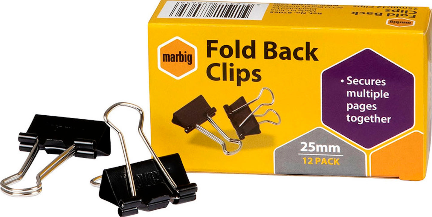 Marbig Foldback Clips 25mm Black Box of 12