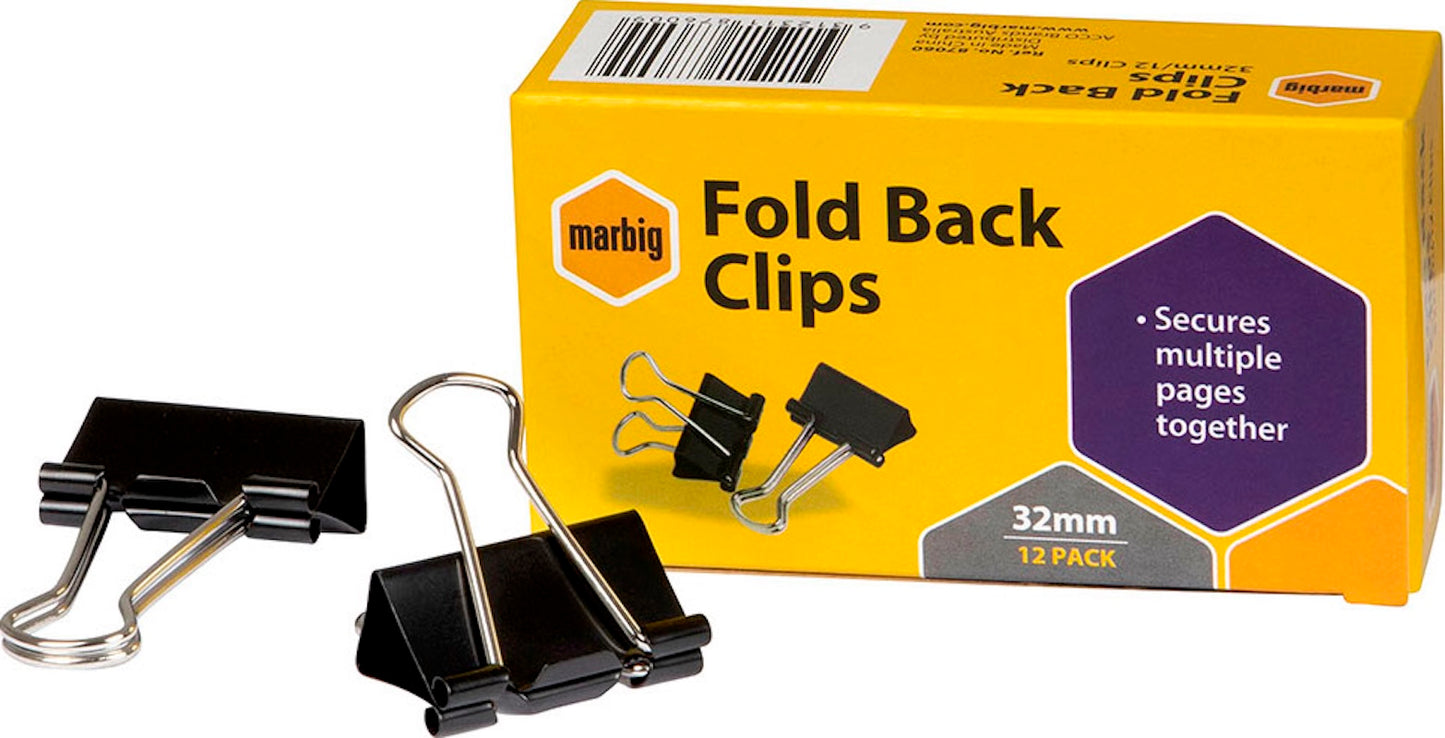 Marbig Foldback Clips 32mm Black Box of 12