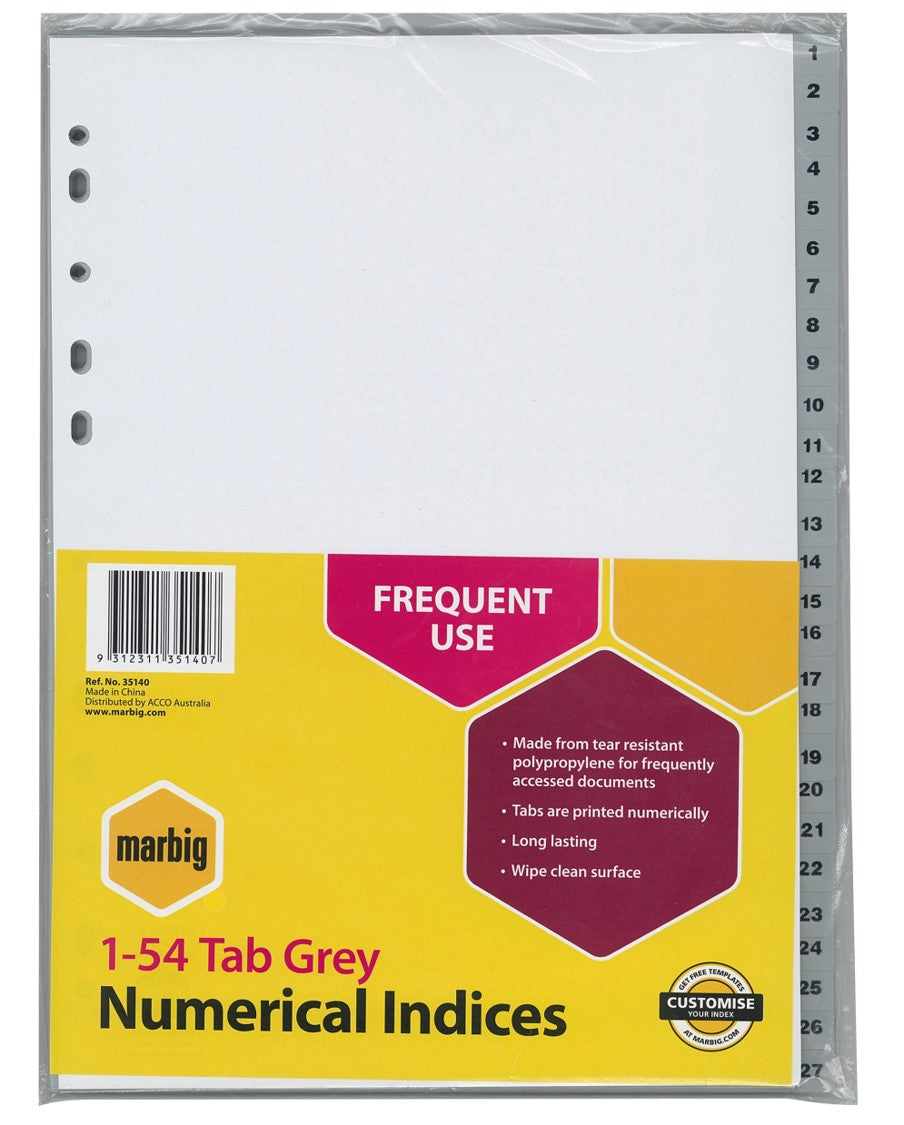 DIVIDERS MARBIG A4 PP 1-54 TAB GREY SKU: MAR35140