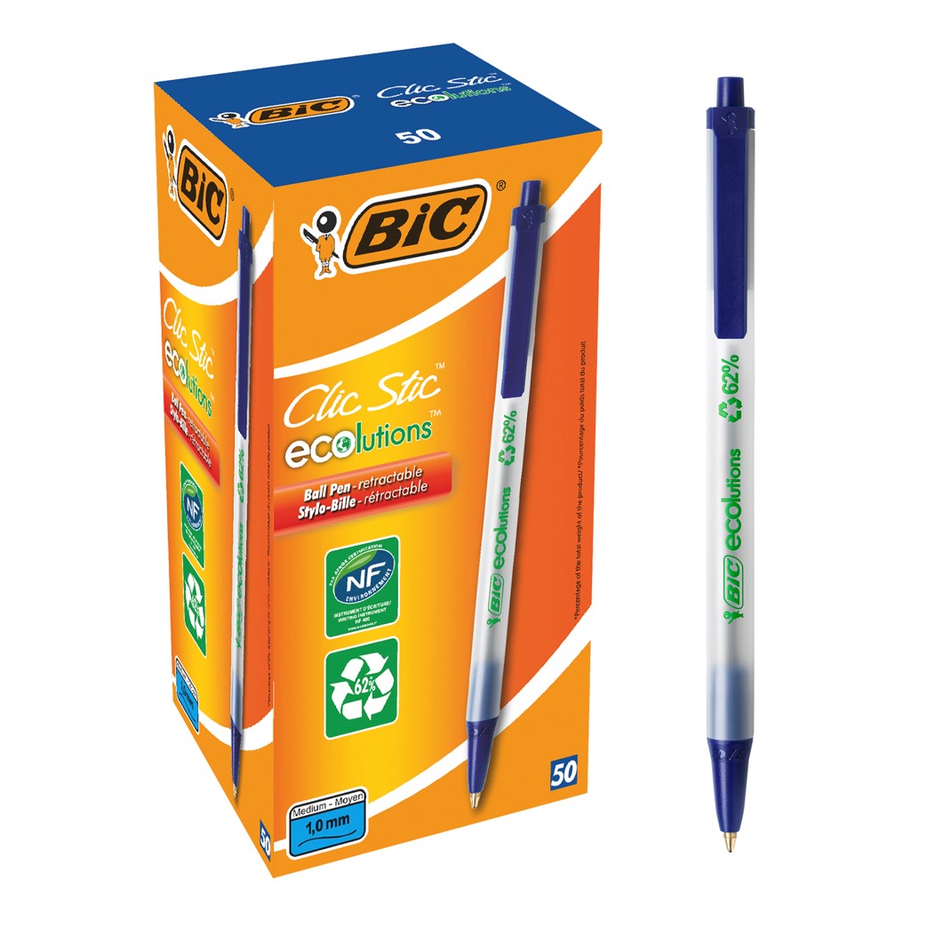 PEN BIC BP ECOLUTIONS CLIC 1.0MM MEDIUM POINT BLUE PG BX50