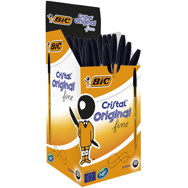 PEN BIC BP CRISTAL ORIGINAL 0.8MM FINE BLACK BX50