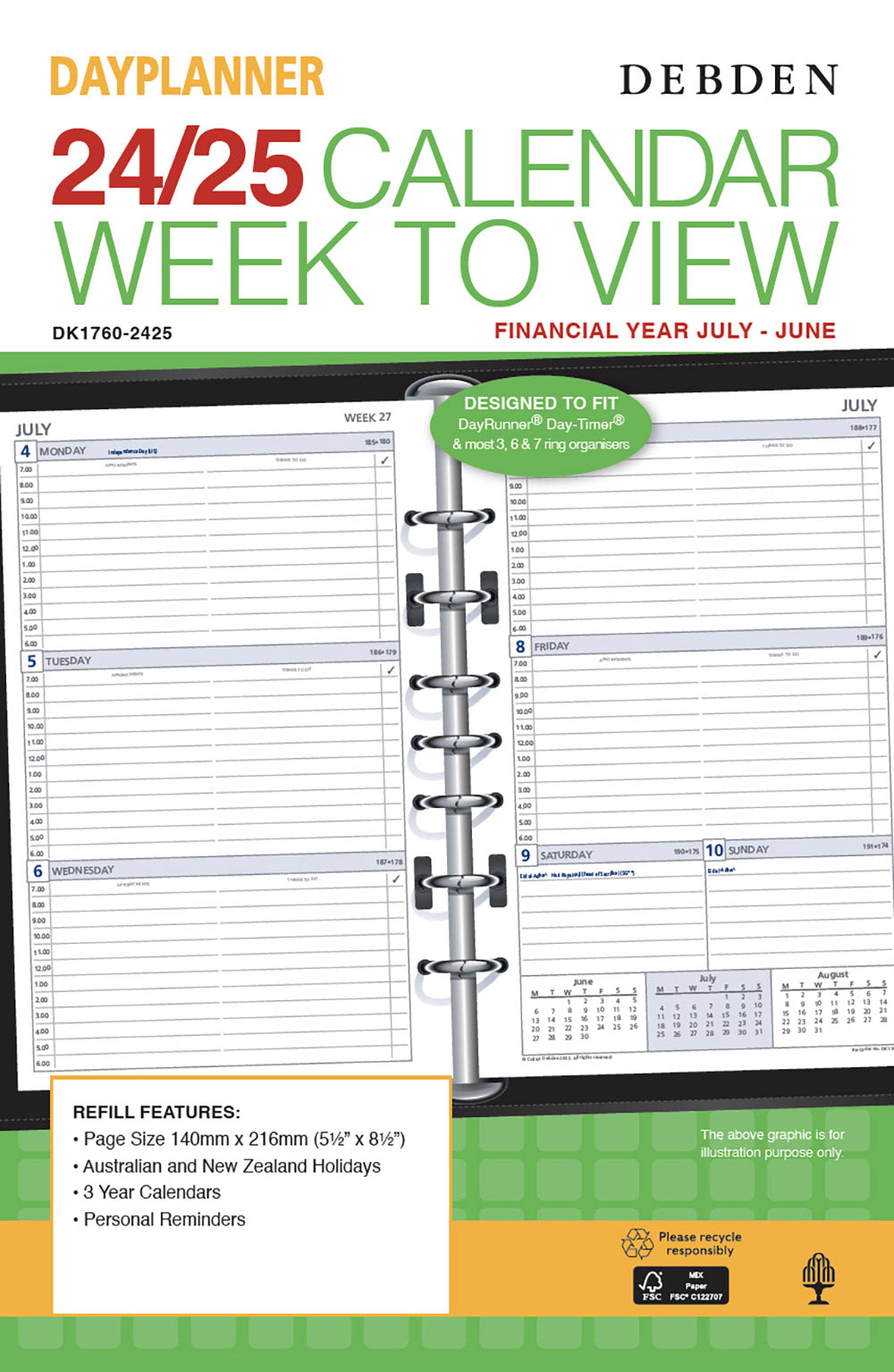 REFILL DAYPLANNER FINANCIAL YEAR 23-24 216X140 DK1760 WEEKLY DATED 1