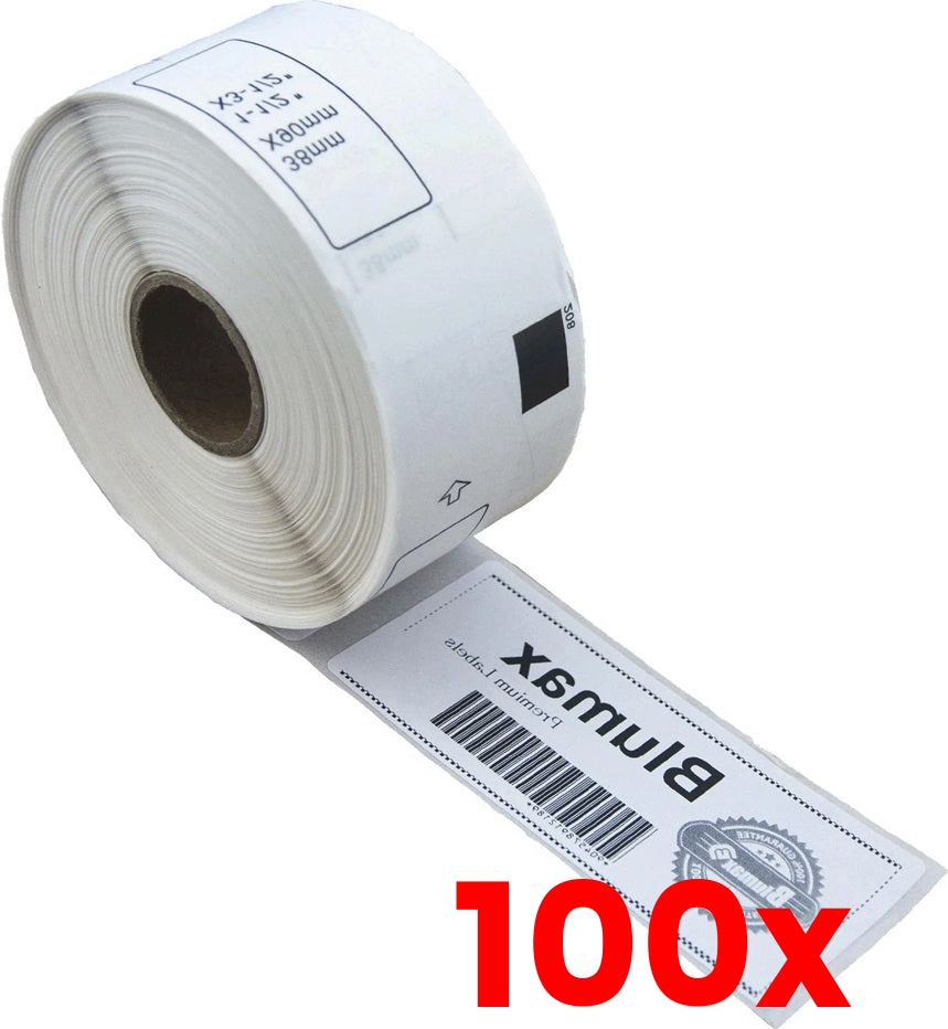 100 X Brother DK-11208 Compatible Black on White Thermal Die-Cut Label Roll - 38mm x 90mm - 400/Rol