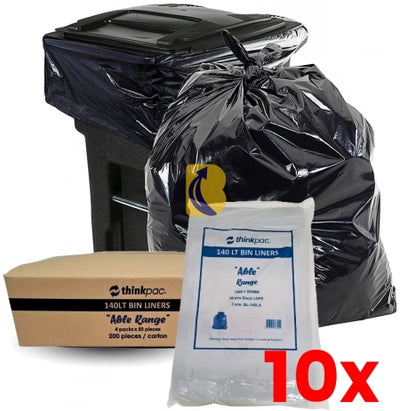 10 X Carton of 200 140L Black Bin Liners - Able 23 micron (Medium Strength)