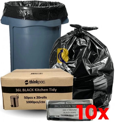 10 X Carton of 1000 36L Black Bin Liners 10 micron 660 x 590mm (Standard Strength)
