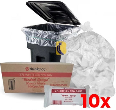 10 X Carton of 1000 27L White Bin Liners - 'Modest' Office / Kitchen 8 micron (Standard Strength)