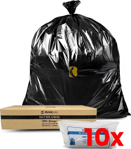10 X Carton of 250 Roll 82L Black Bin Liners - Able 20 micron (Medium Strength)