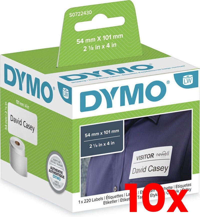 10 X Dymo SD99014 S0722430 White Shipping and Badge Thermal Ship Label Roll 54mm x 101mm - 220 labels per rol