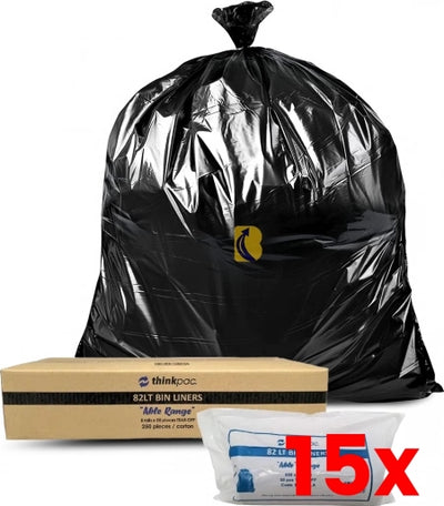 15 X Carton of 250 Roll 82L Black Bin Liners - Able 20 micron (Medium Strength)