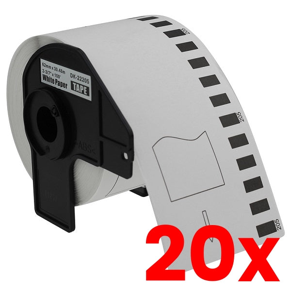 20 X Brother DK-22205 White Thermal Continuous Paper Compatible Label Roll (without holder)