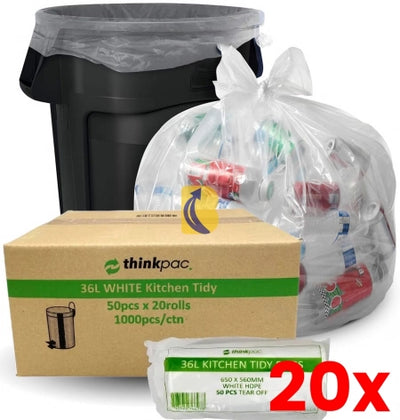 20 X 1000pcs 36L White Kitchen Tidy Bags Bin Liners Rubbish Bags 10 Micron Medium Strength 20 Packs/50pcs