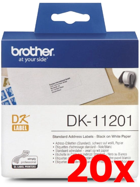 20 X Brother DK-11201 Black Text on White Thermal Die-Cut White Standard Address Label Roll 400/Roll  29mm x 90mm