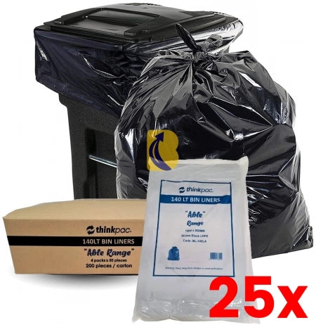 25 X Carton of 200 140L Black Bin Liners - Able 23 micron (Medium Strength)